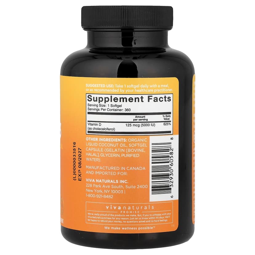 Viva Naturals, 維他命 D3，含有機液體椰子油，125 微克（5,000 國際單位），360 粒軟膠囊