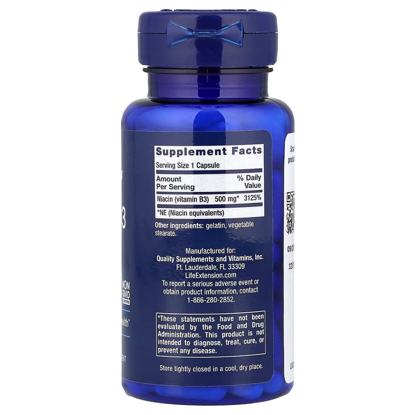 Life Extension, 維他命 B3 煙酸，500 毫克，100 粒素食膠囊