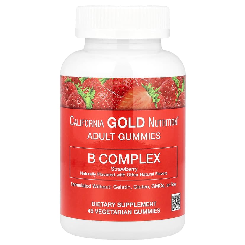 California Gold Nutrition, 含維他命 B6 和 B12、葉酸和生物維他命的複合維他命 B 軟糖，草莓味，45 粒素食軟糖