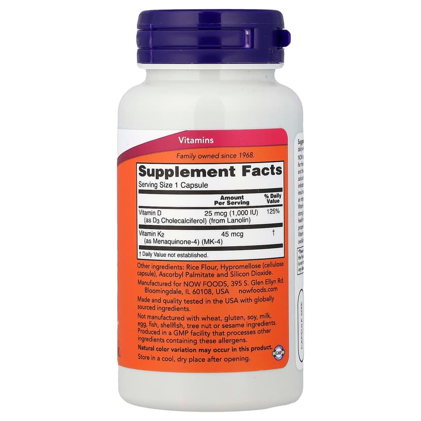 NOW Foods, 維他命 D3 + K2 膠囊，120 粒裝