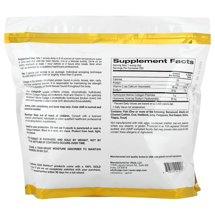 California Gold Nutrition, CollagenUP®，水解海洋膠原蛋白肽 + 透明質酸和維他命 C，原味，2.2 磅（1 千克）