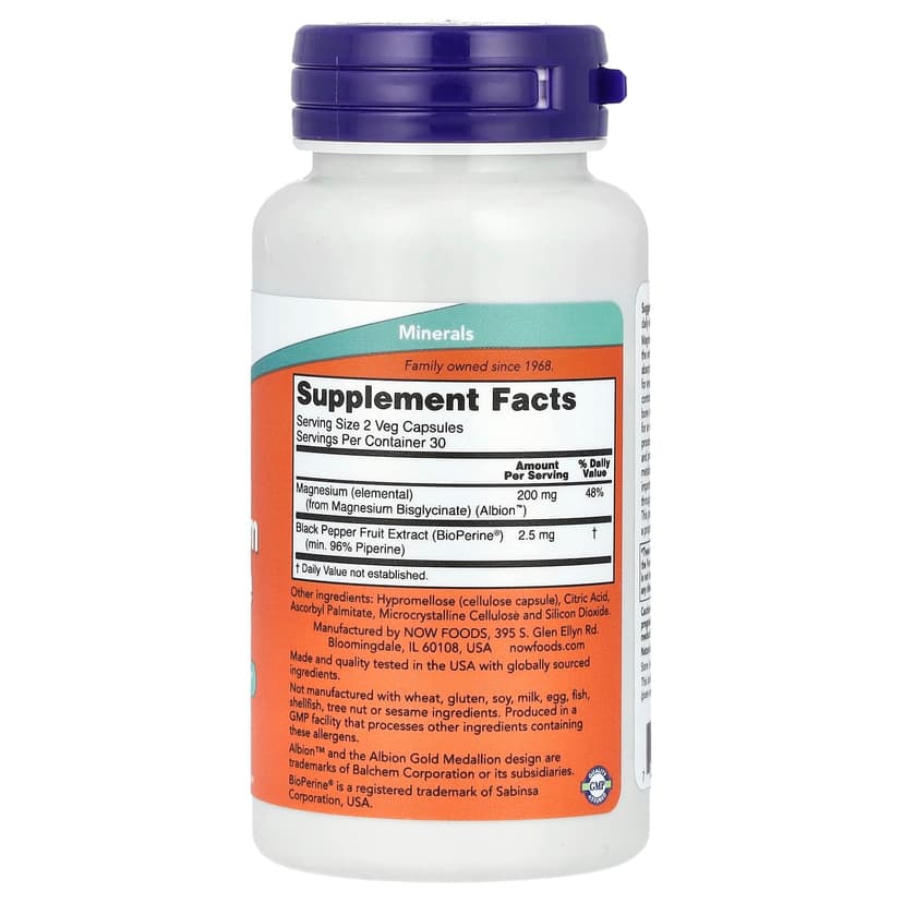 NOW Foods, 含 BioPerine® 的甘氨酸鎂，60 粒素食膠囊