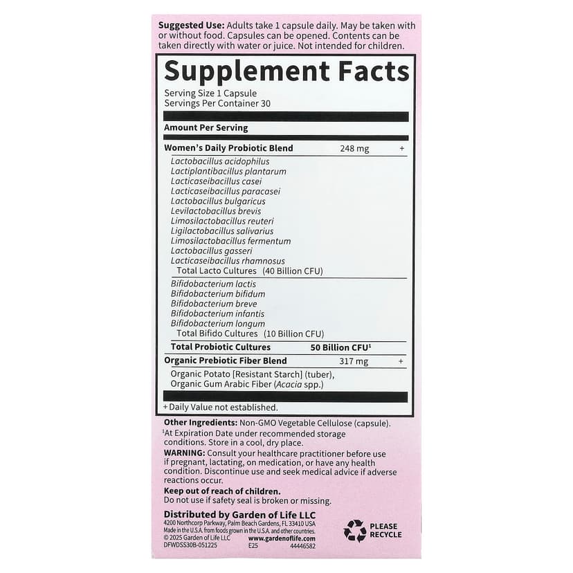 Garden of Life, Dr. Formulated 益生菌，女性每日一次，500 億，30 粒素食膠囊