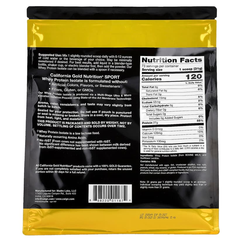 California Gold Nutrition, 運動系列，分離乳清蛋白，原味，5 磅（2.27 千克）