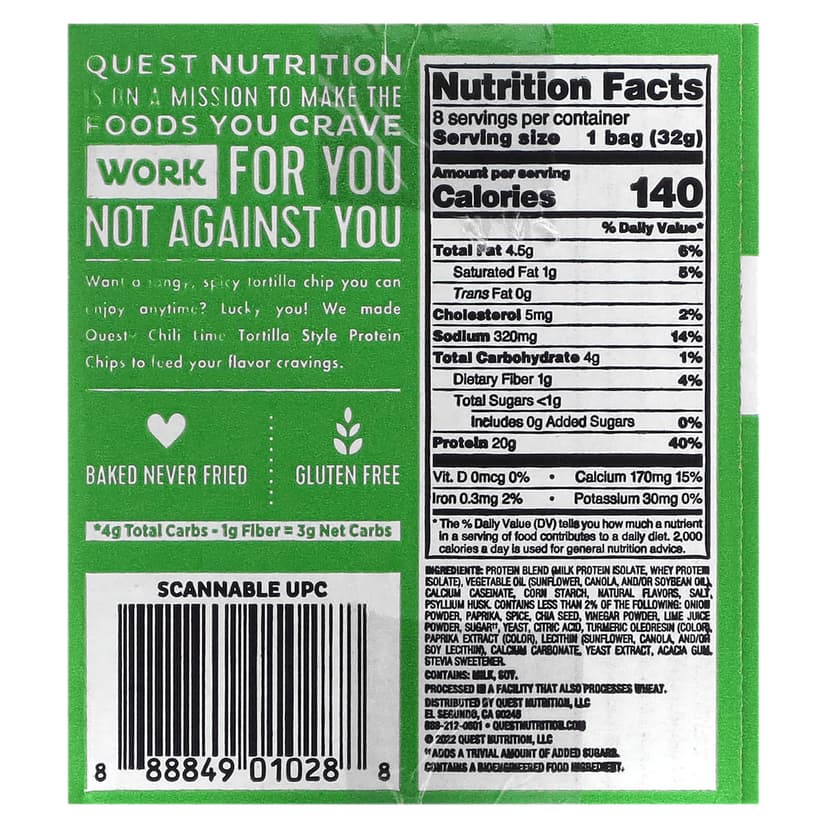Quest Nutrition, 玉米餅蛋白質薯片，辣椒酸橙，8 袋，每袋 1.1 盎司（32 克）