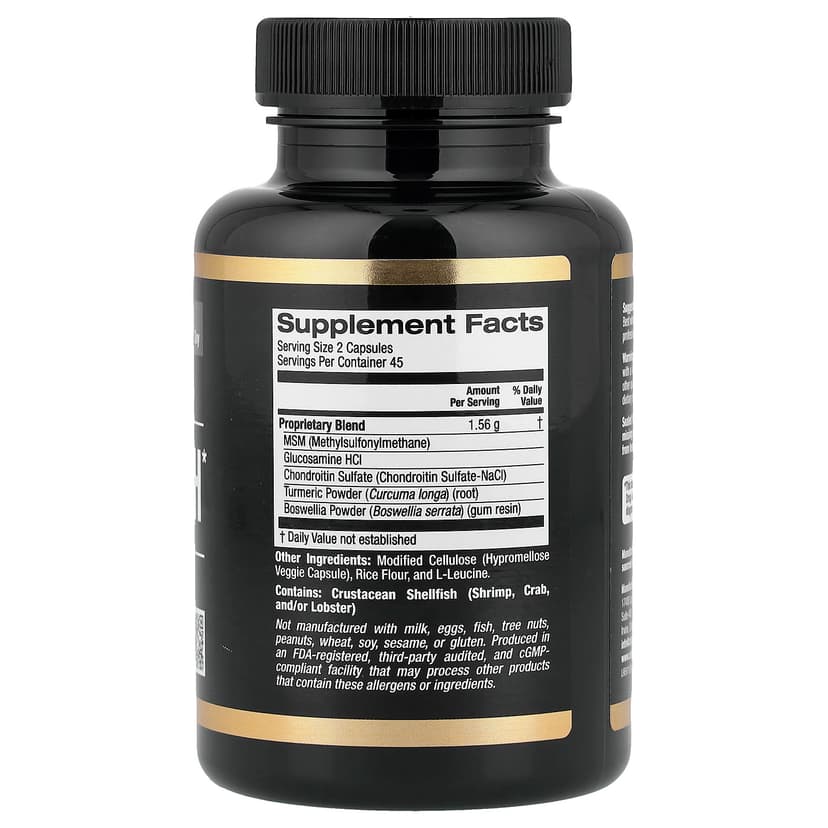 California Gold Nutrition, 運動，關節健康，含 MSM（甲基磺醯甲烷）、殼糖胺鹽酸鹽、硫痠軟骨素、薑黃和乳香，90 粒素食膠囊