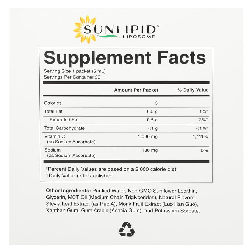 Sunlipid, 脂質體維他命 C，含中鏈甘油三酯油，30 包，每包 0.17 液量盎司（5 毫升）