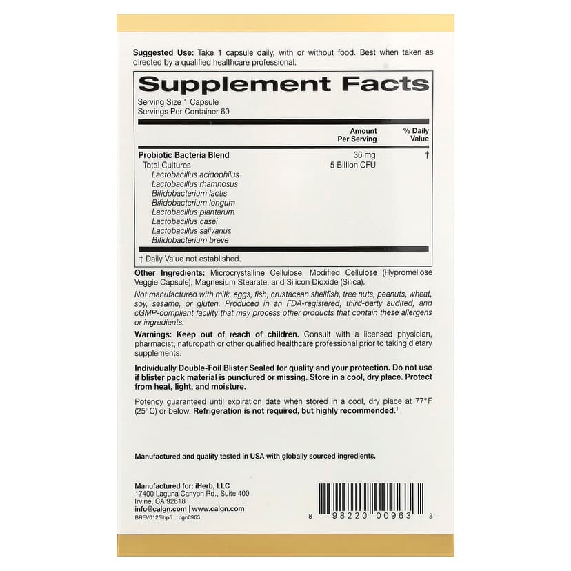 California Gold Nutrition, LactoBif® 5 益生菌,50 億 CFU,60 粒素食膠囊