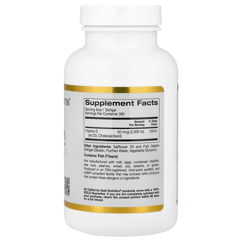 California Gold Nutrition, 維他命 D3,50 微克(2,000 國際單位),360 粒魚明膠軟凝膠