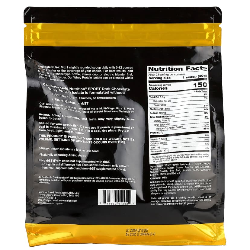 California Gold Nutrition, 運動，分離乳清蛋白，黑巧克力，2 磅（907 克）