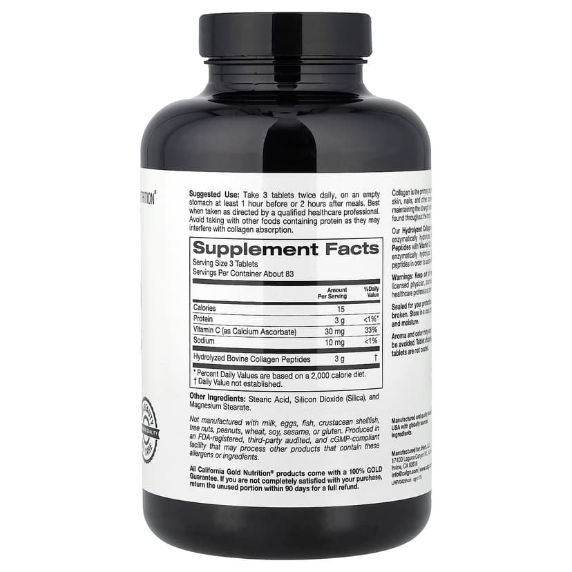 California Gold Nutrition, 水解膠原蛋白肽，I 型和 III 型，維他命 C，250 片