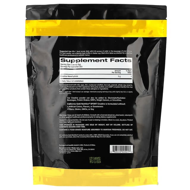 California Gold Nutrition, 運動系列，一水肌酸，原味，2.2 磅（1 千克）