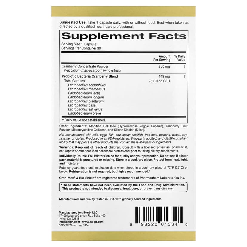 California Gold Nutrition, CranMax® LactoBif® 益生菌，250 億 CFU，30 粒素食膠囊