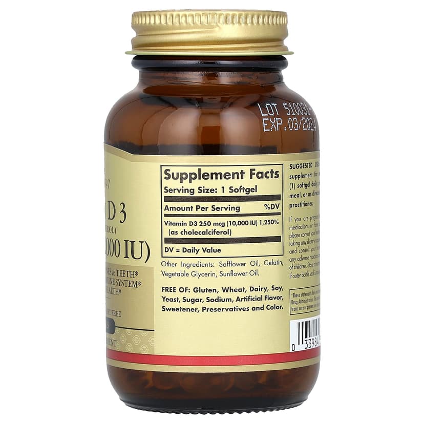 Solgar, 維他命 D3 （膽鈣化醇）軟膠囊，250 微克 (10000 IU)，120 粒裝