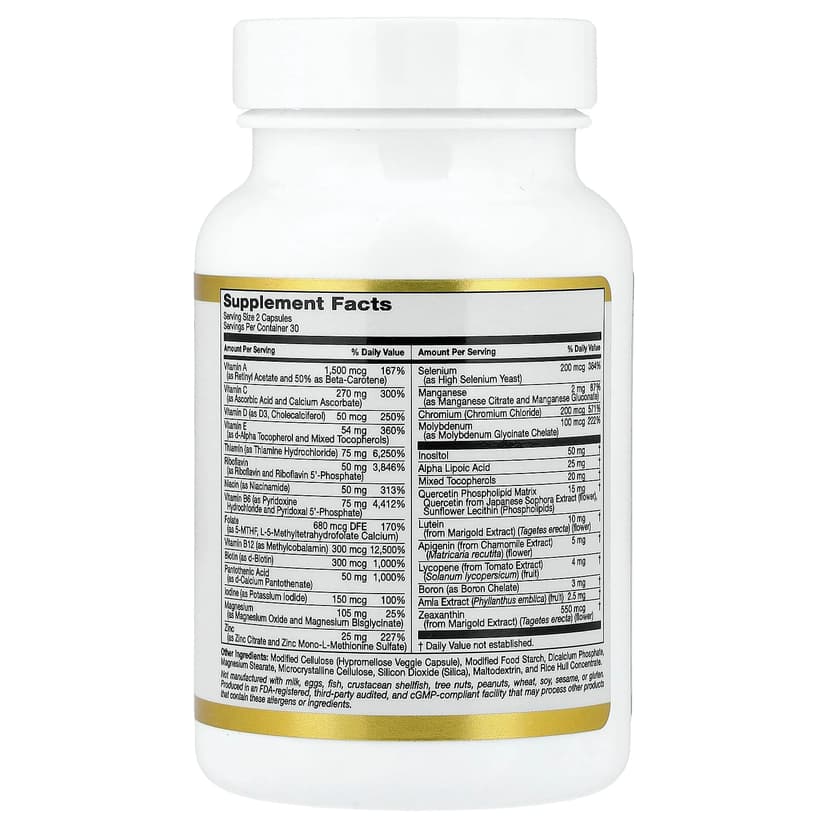 California Gold Nutrition, 多維他命和礦物質，含甲基 B12、維他命 C、L-甲基四氫葉酸和生物槲皮素，每日兩粒，60 粒素食膠囊
