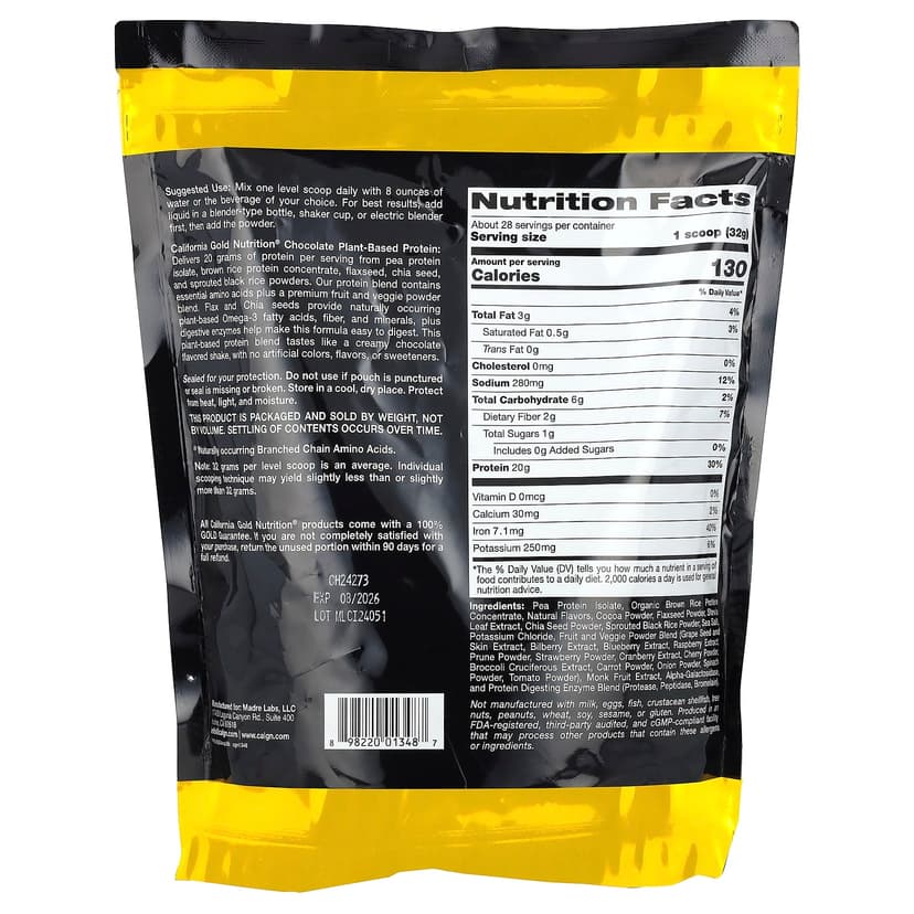 California Gold Nutrition, 運動，植物基蛋白，含有機糙米濃縮蛋白、亞麻籽、奇亞籽，巧克力味，2 磅（907 克）