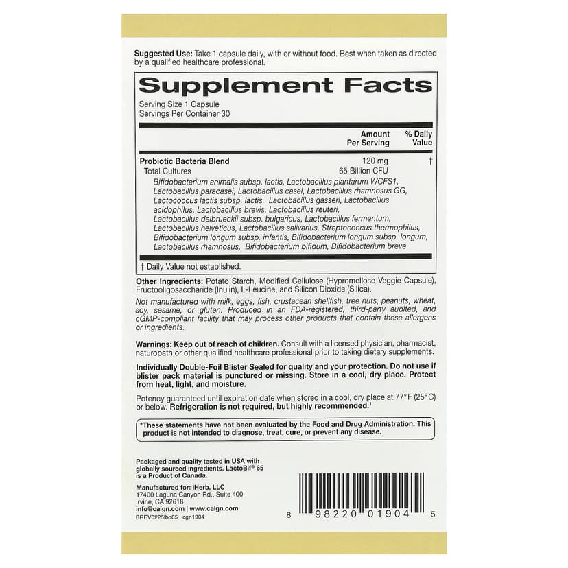 California Gold Nutrition, LactoBif® 65 益生菌，30 粒素食膠囊