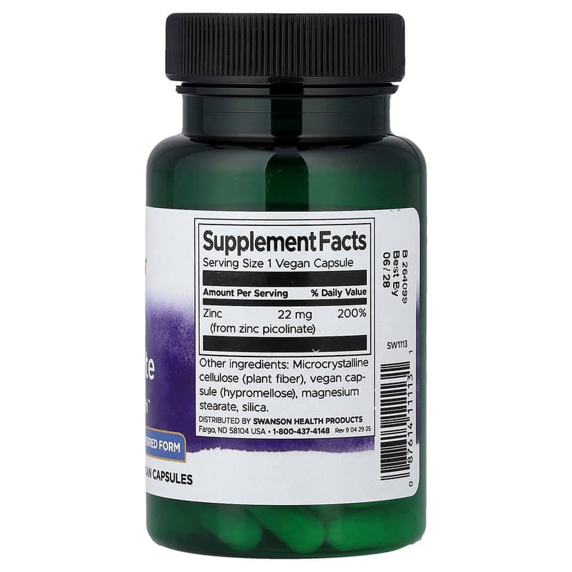 Swanson Vitamins, 吡啶甲酸鋅,機體抵抗健康,22 毫克,60 粒膠囊