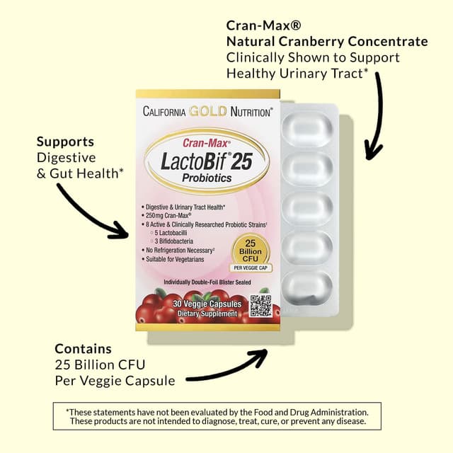 California Gold Nutrition, CranMax® LactoBif® 益生菌,250 億 CFU,30 粒素食膠囊