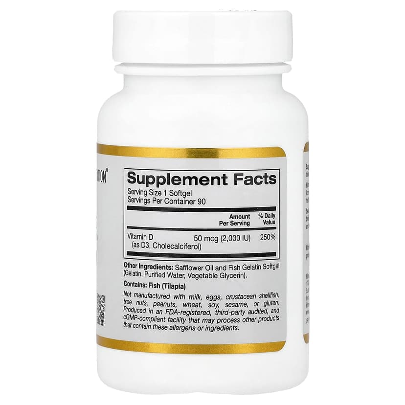 California Gold Nutrition, 維他命 D3,50 微克(2,000 國際單位),90 粒魚明膠軟凝膠