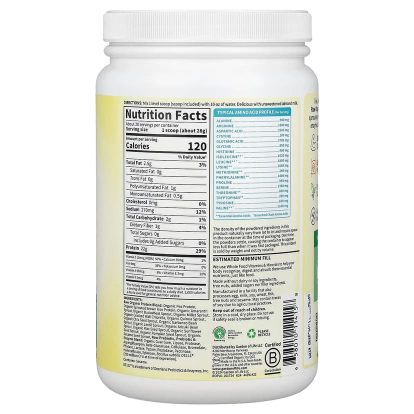 Garden of Life, 未加工有機蛋白質,原味,1 磅 3.75 盎司(560 克)