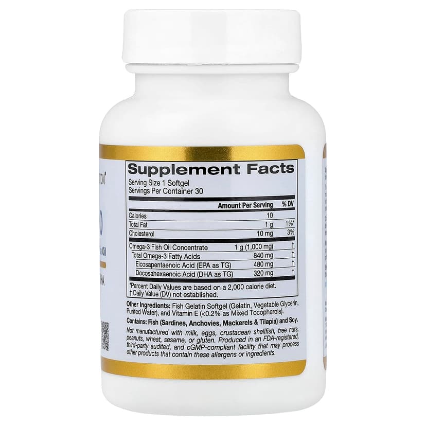 California Gold Nutrition, Omega 800 超濃縮 Omega-3 魚油,KD-Pur® 甘油三酯形式,30 粒魚明膠軟膠囊(每粒軟膠囊 1,000 毫克)