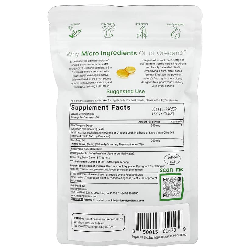 Micro Ingredients, 含黑籽油的牛至油,300 粒軟膠囊