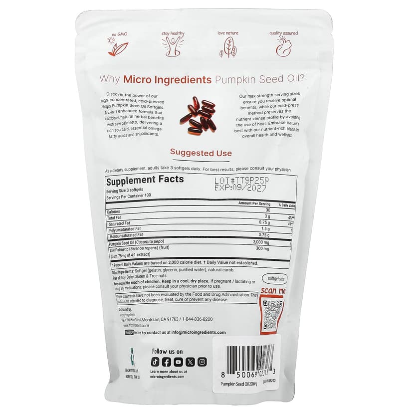 Micro Ingredients, 南瓜籽油,冷榨,300 粒軟膠囊