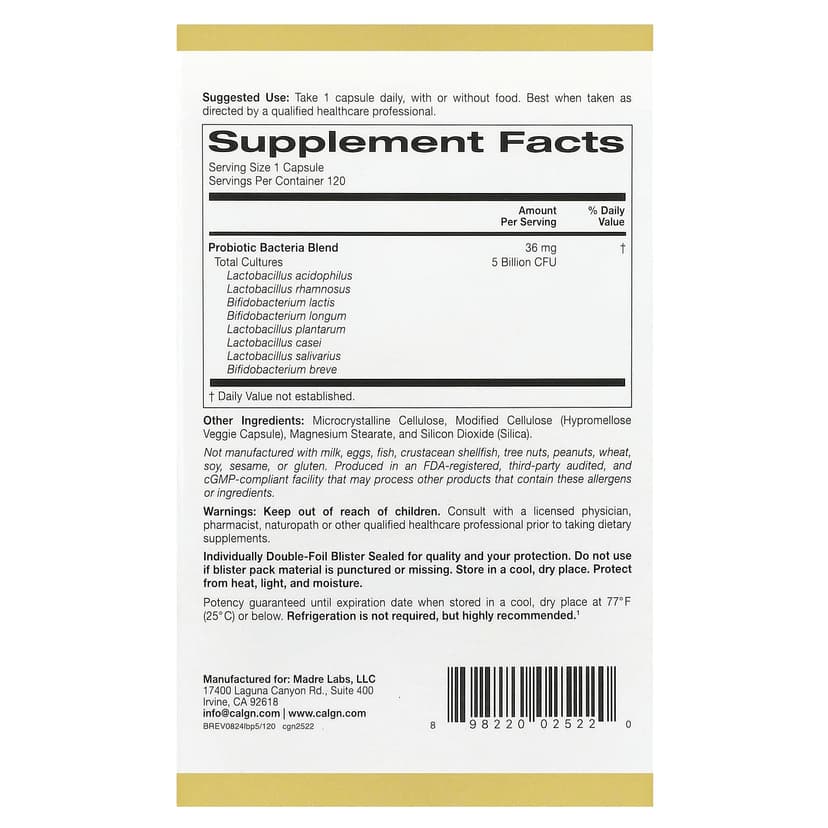 California Gold Nutrition, LactoBif® 5 益生菌,50 億 CFU,120 粒素食膠囊