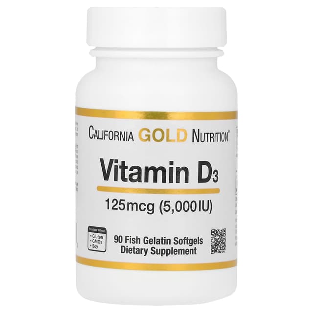 California Gold Nutrition, 維他命 D3,125 微克(5000 國際單位),90 粒魚明膠軟膠囊
