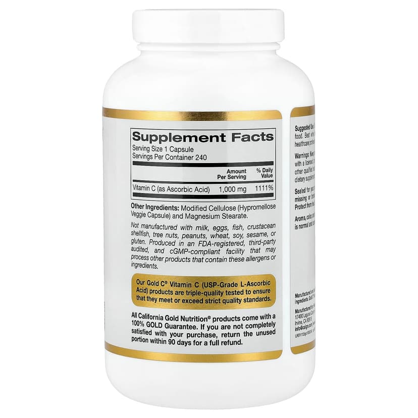 California Gold Nutrition, Gold C®,USP 級維他命 C,1,000 毫克,240 粒素食膠囊