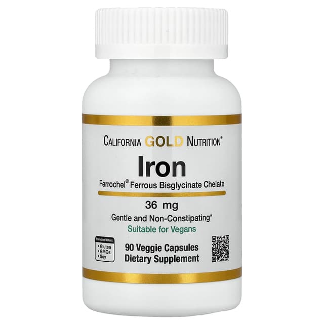 California Gold Nutrition, Ferrochel® 鐵(雙甘氨酸),36 毫克,90 粒素食膠囊