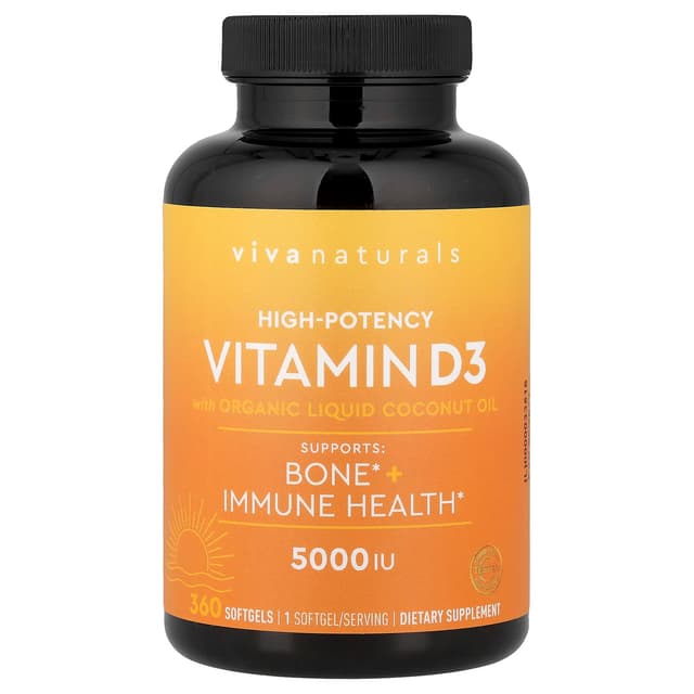 Viva Naturals, 維他命 D3,含有機液體椰子油,125 微克(5,000 國際單位),360 粒軟膠囊