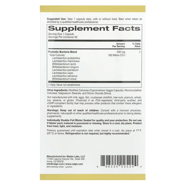 California Gold Nutrition, LactoBif® 100 益生菌素食膠囊,含 5 種乳酸桿菌和 3 種雙歧桿菌,1000 億 CFU,60 粒