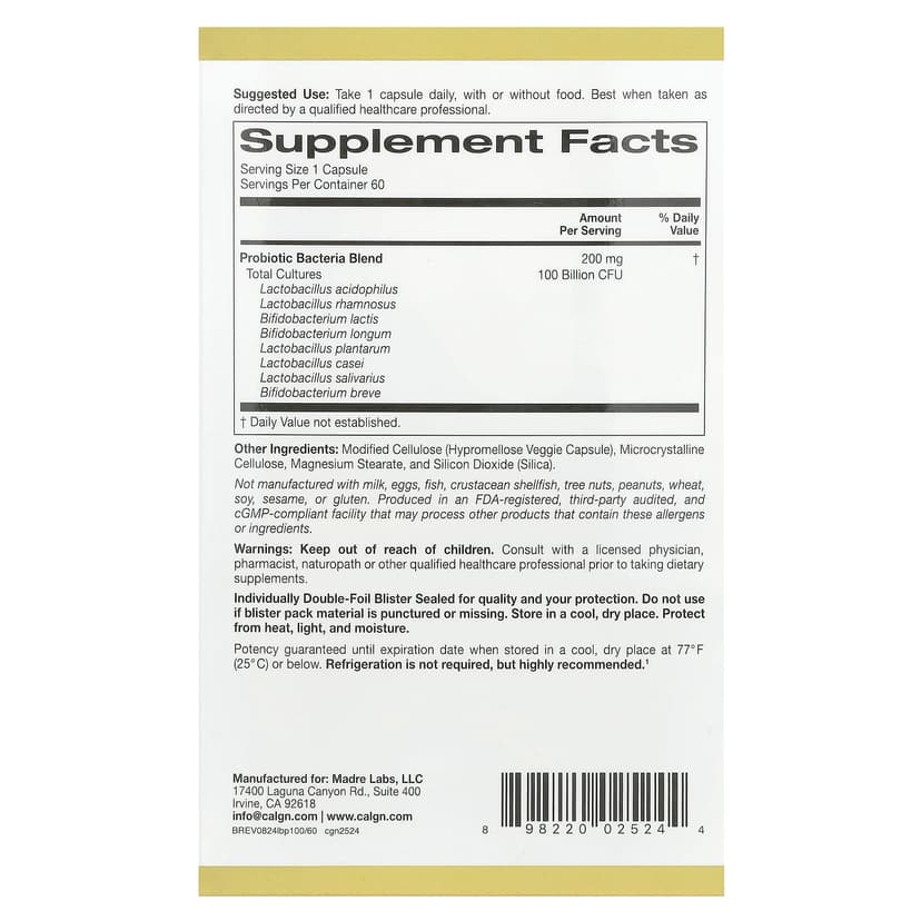 California Gold Nutrition, LactoBif® 100 益生菌素食膠囊,含 5 種乳酸桿菌和 3 種雙歧桿菌,1000 億 CFU,60 粒