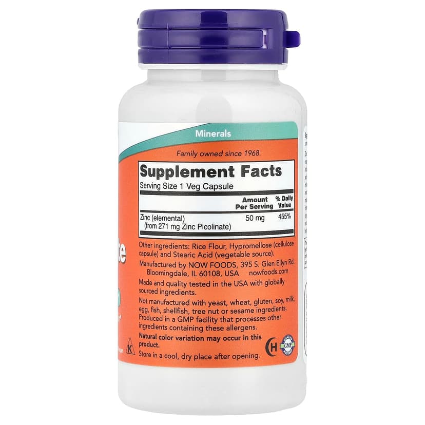 NOW Foods, Zinc Picolinate,50毫克,120粒素食膠囊