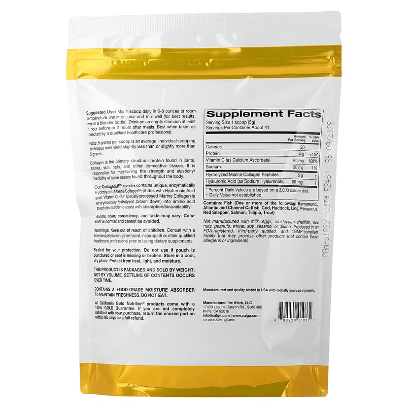 California Gold Nutrition, CollagenUP®,水解海洋膠原蛋白肽 + 透明質酸和維他命 C,原味,7.26 盎司(206 克)