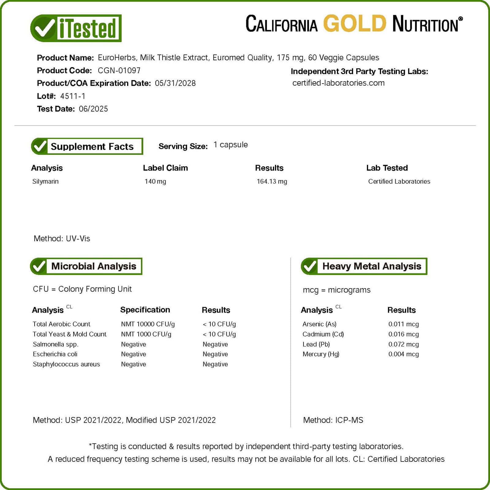 California Gold Nutrition, EuroHerbs,水飛薊提取物,Euromed 品質,175 毫克,60 粒素食膠囊