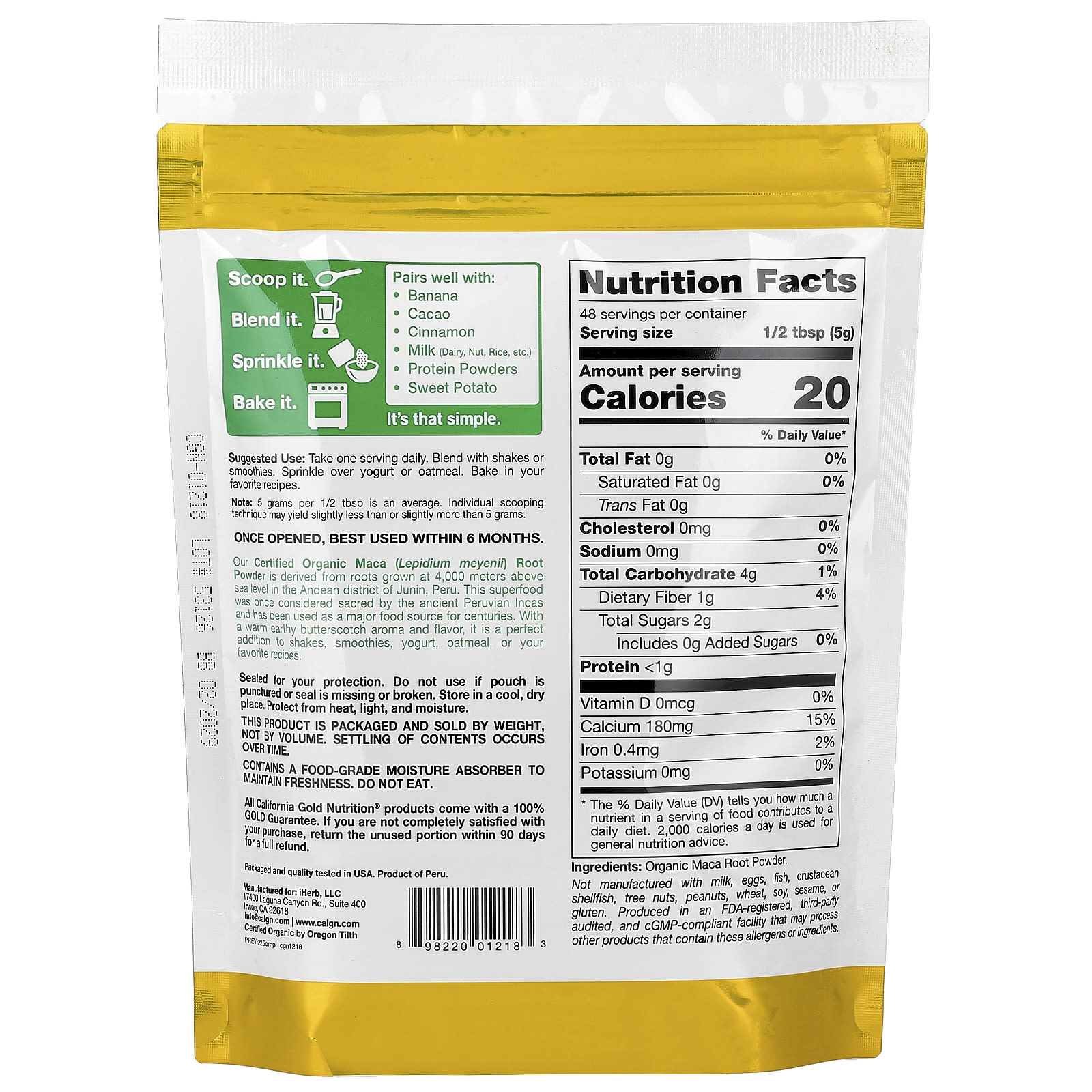 California Gold Nutrition, SuperFood,認可有機祕魯瑪卡根粉,8.5 盎司(240 克)