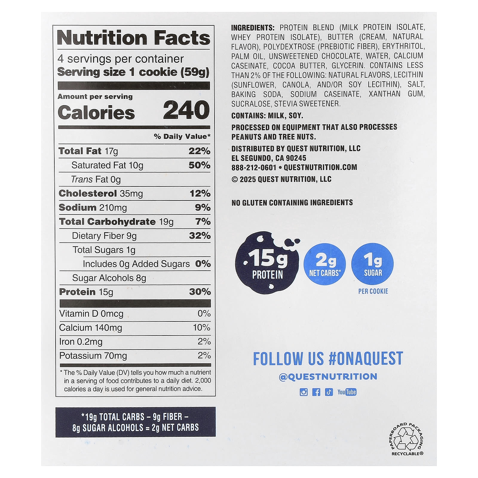 Quest Nutrition, 蛋白餅乾,巧克力碎,4 包,每包 2.08 盎司(59 克)