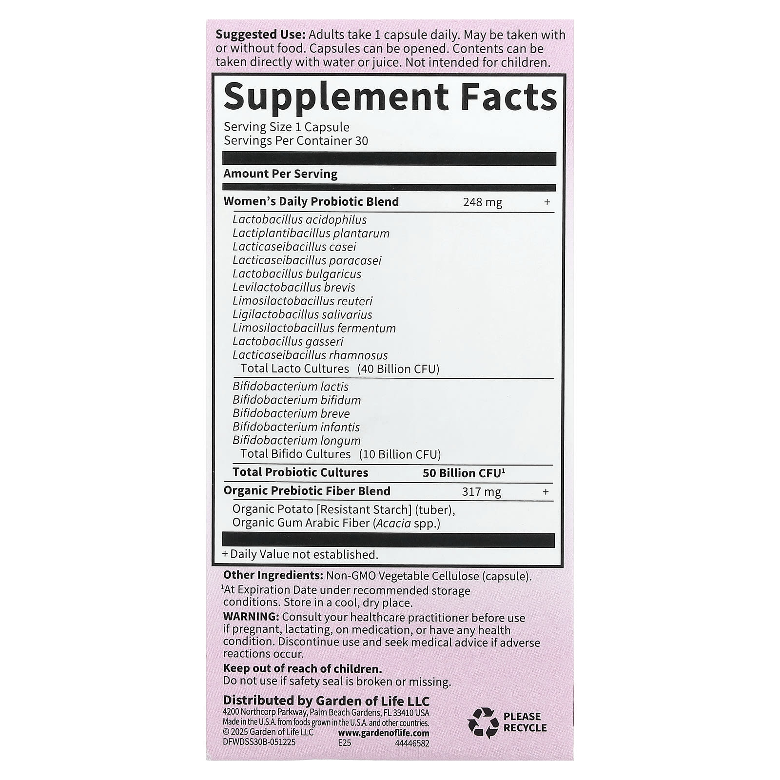 Garden of Life, Dr. Formulated 益生菌,女性每日一次,500 億,30 粒素食膠囊