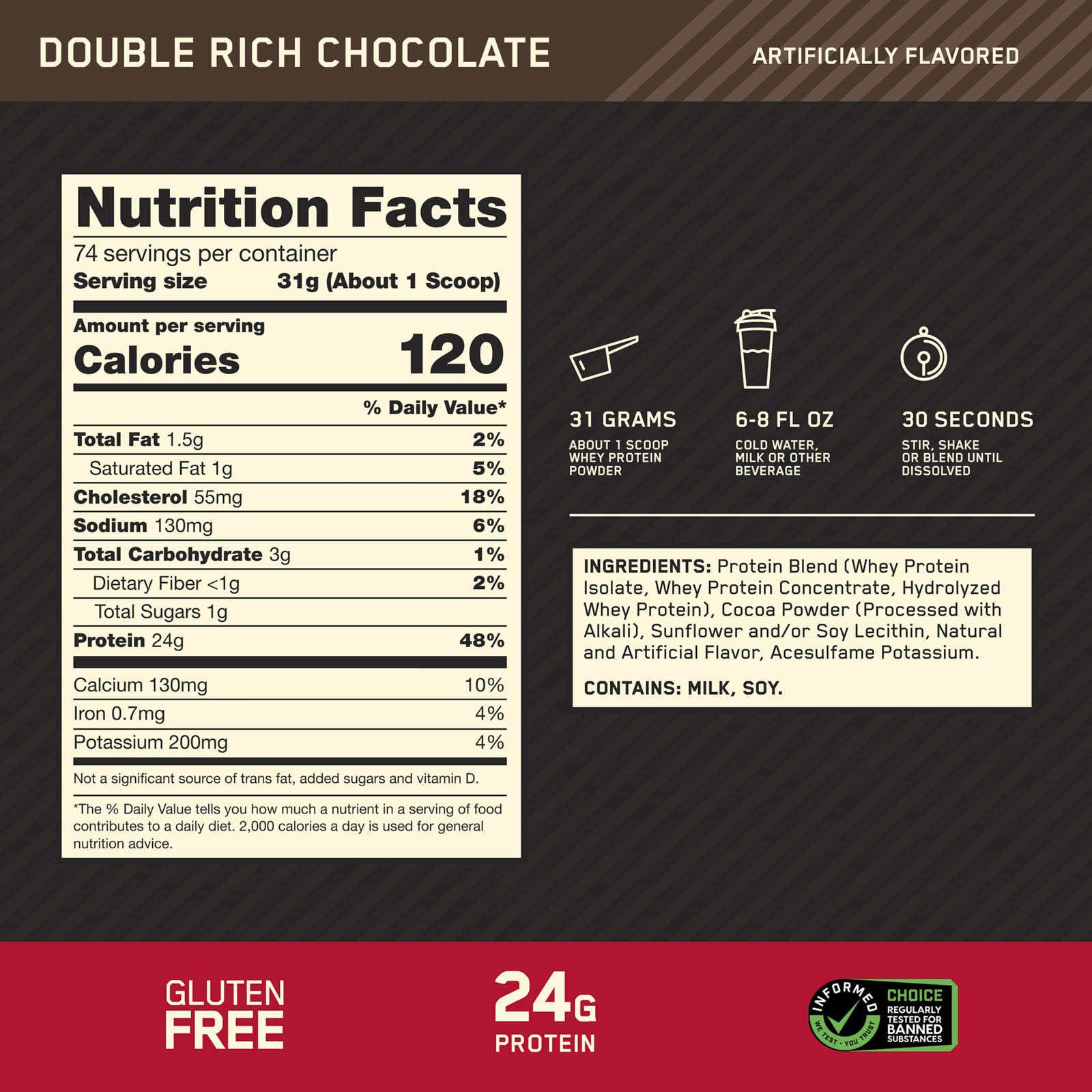 Optimum Nutrition, 金標準® 全乳清蛋白,雙重濃鬱巧克力味,5.05 磅(2.29 千克)