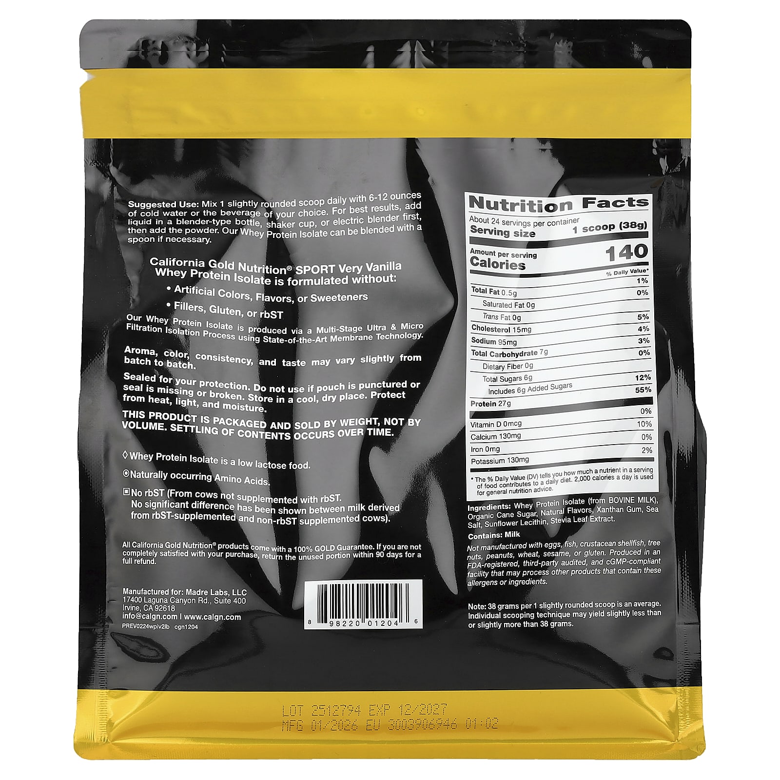 California Gold Nutrition, 運動,分離乳清蛋白,含有機蔗糖和葵花籽卵磷脂,濃鬱香草味,2 磅(907 克)