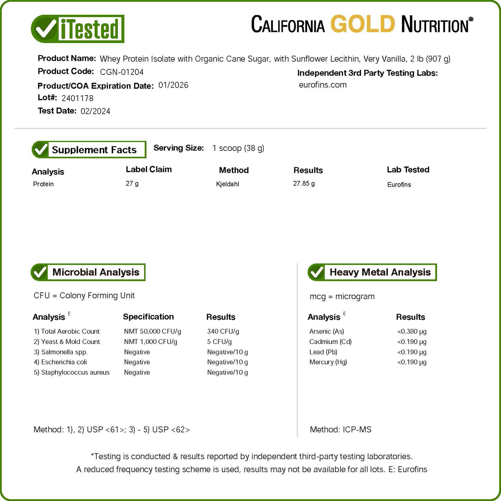 California Gold Nutrition, 運動,分離乳清蛋白,含有機蔗糖和葵花籽卵磷脂,濃鬱香草味,2 磅(907 克)