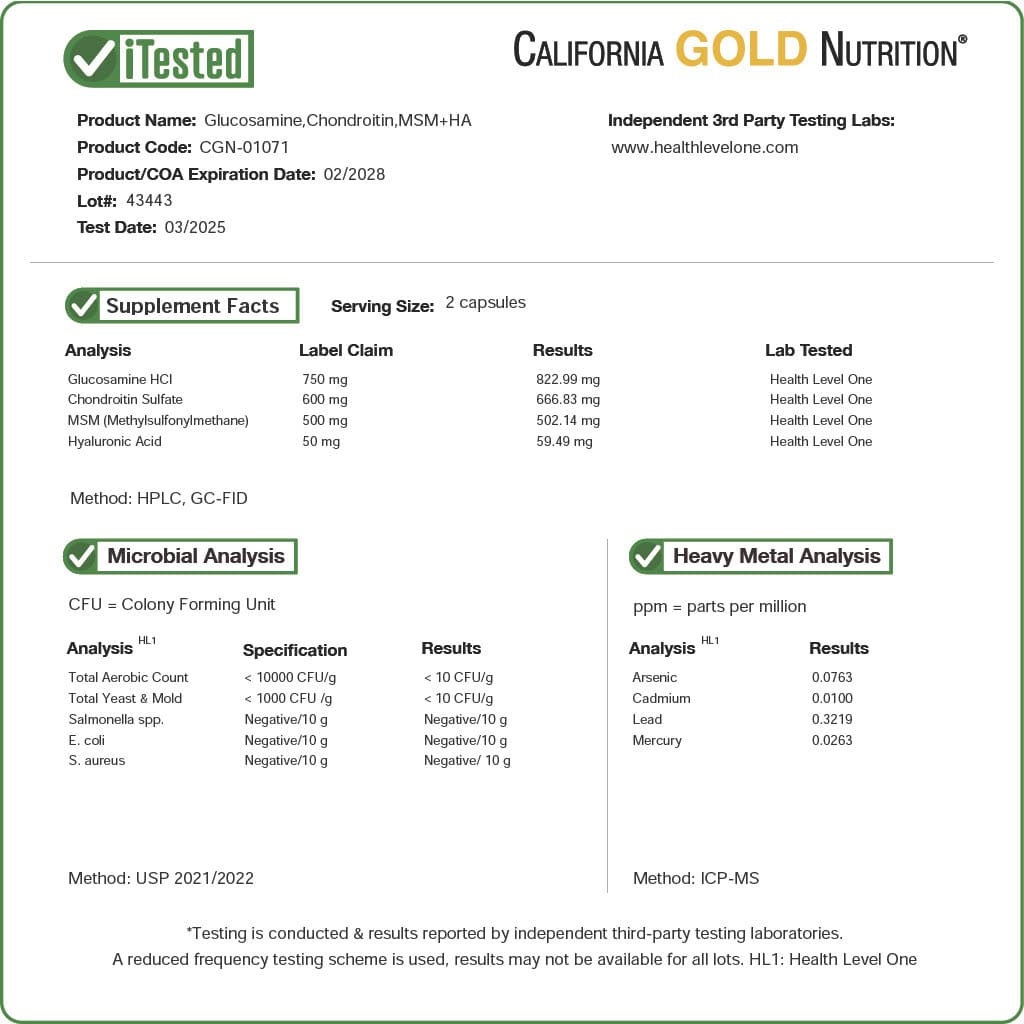 California Gold Nutrition, 葡萄糖胺軟骨素,MSM 加透明質酸,120 粒素食膠囊