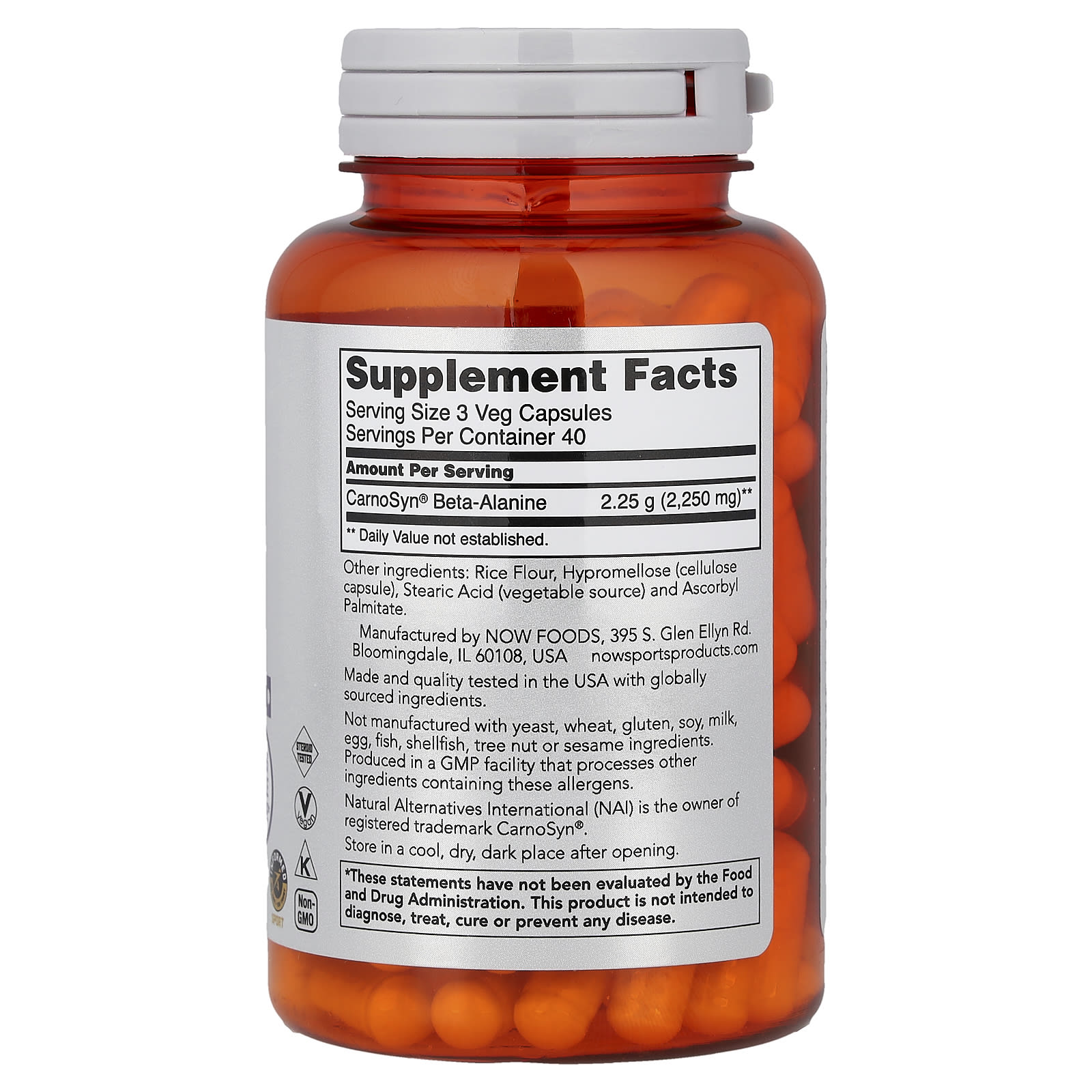 NOW Foods, 運動系列,β-丙氨酸,耐力,120 粒素食膠囊(每粒膠囊 750 毫克)