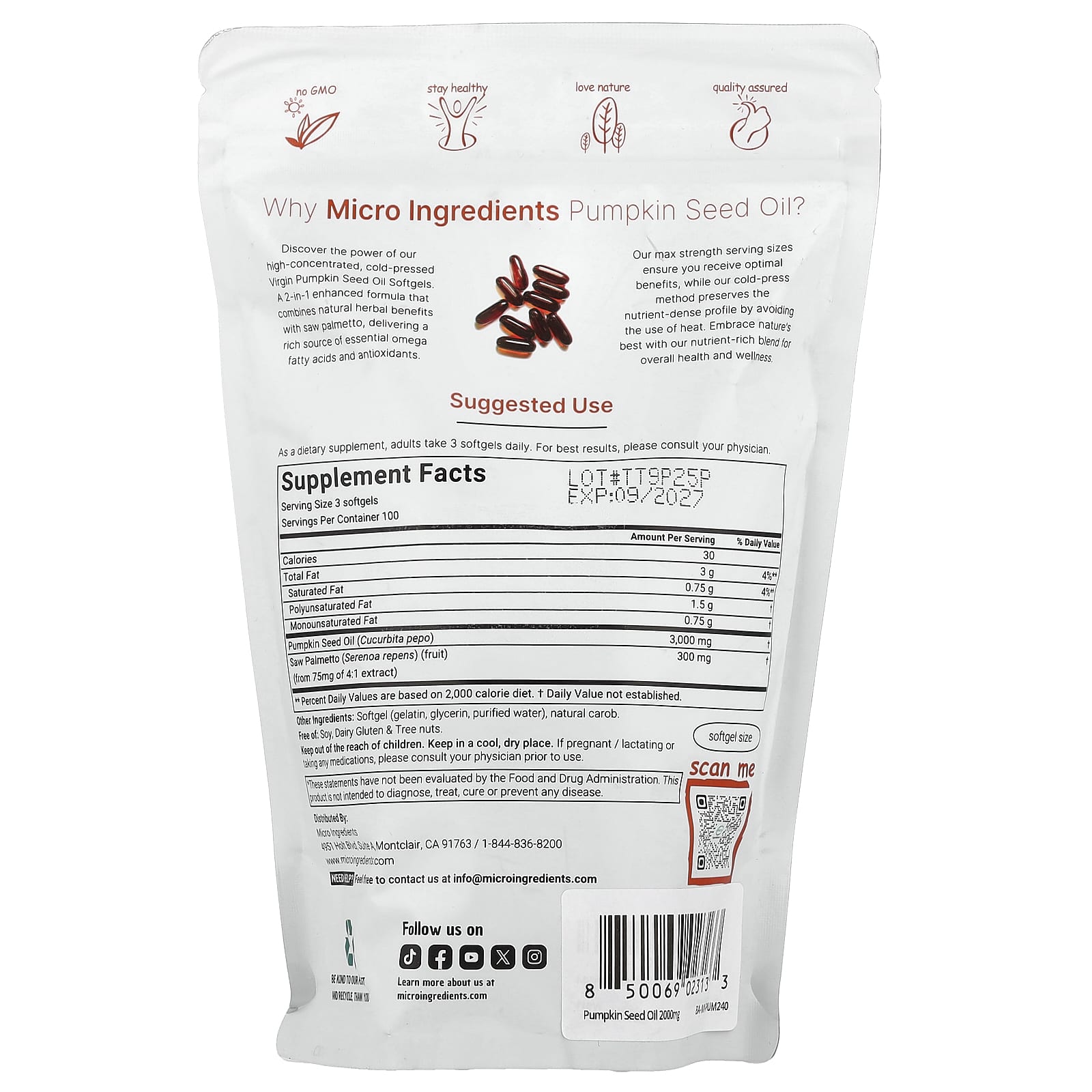 Micro Ingredients, 南瓜籽油,冷榨,300 粒軟膠囊