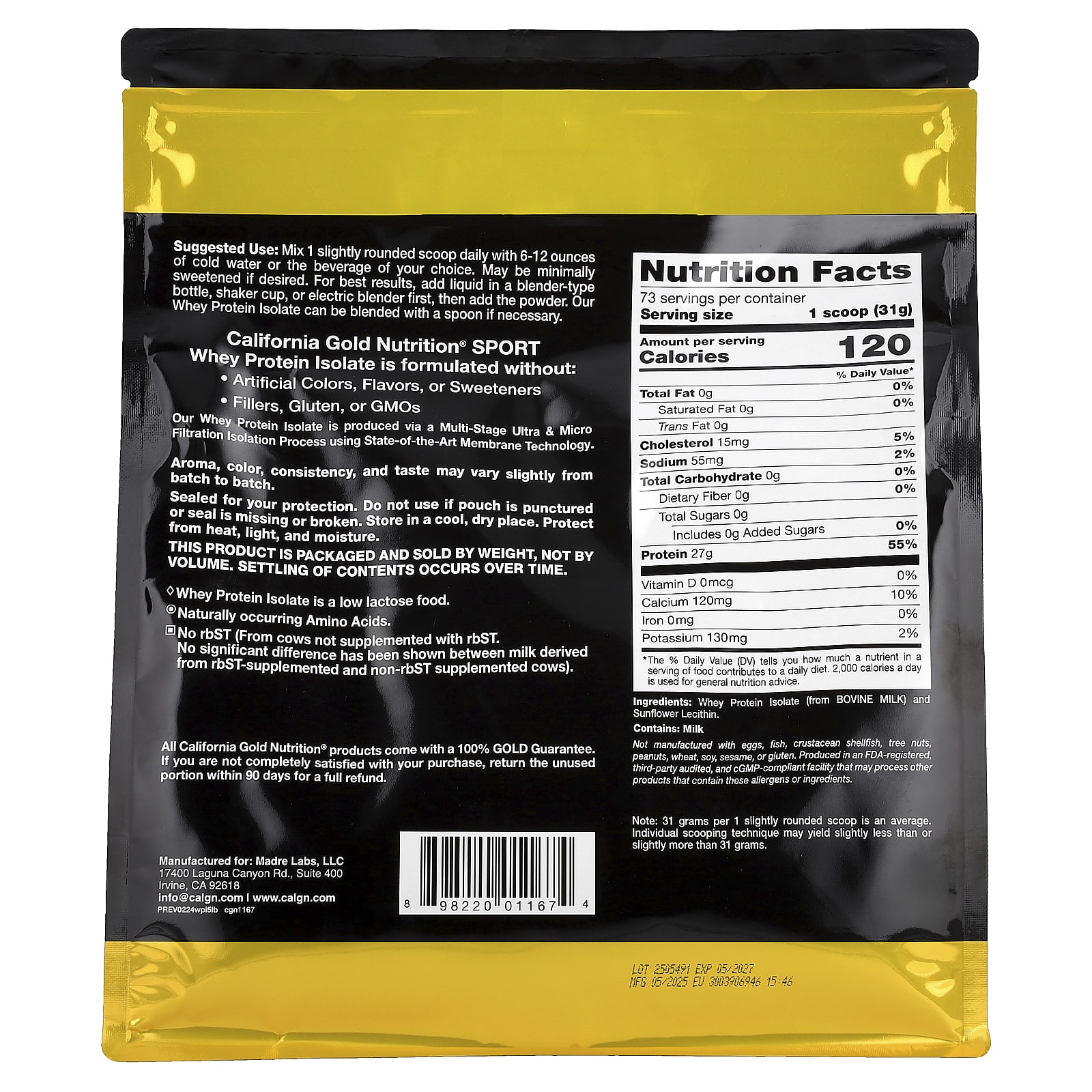 California Gold Nutrition, 運動系列,分離乳清蛋白,原味,5 磅(2.27 千克)