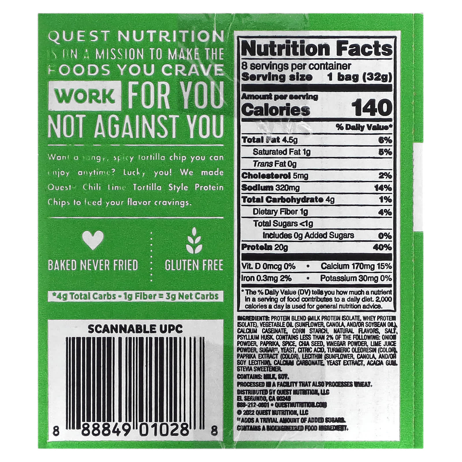 Quest Nutrition, 玉米餅蛋白質薯片,辣椒酸橙,8 袋,每袋 1.1 盎司(32 克)