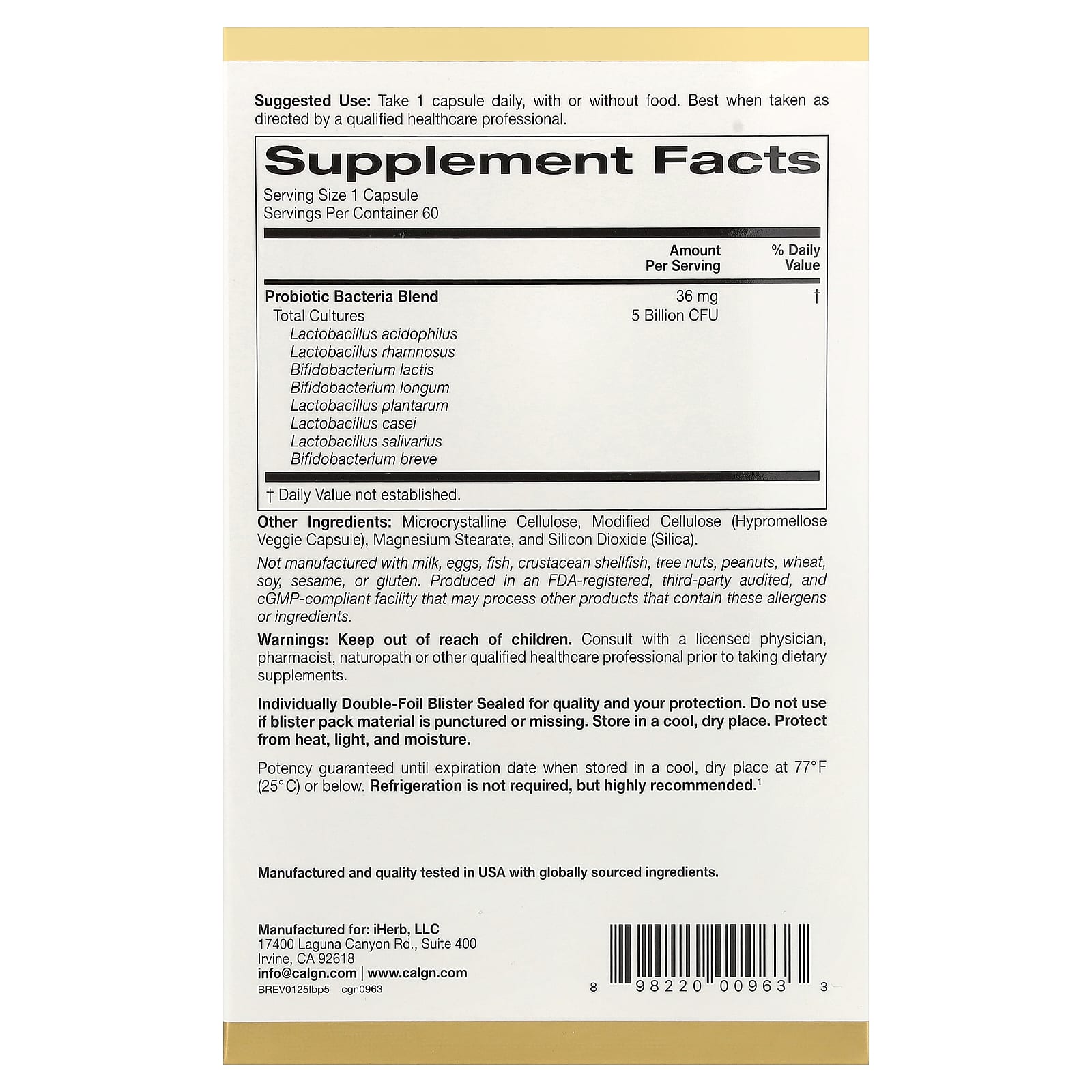 California Gold Nutrition, LactoBif® 5 益生菌,50 億 CFU,60 粒素食膠囊